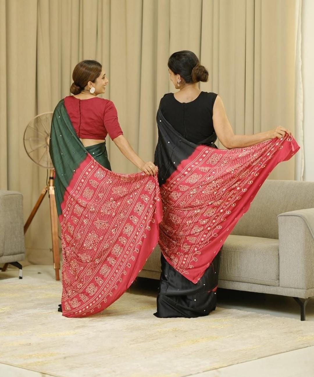 Gajji silk saree heavy mirror worj border handcraft red tassels