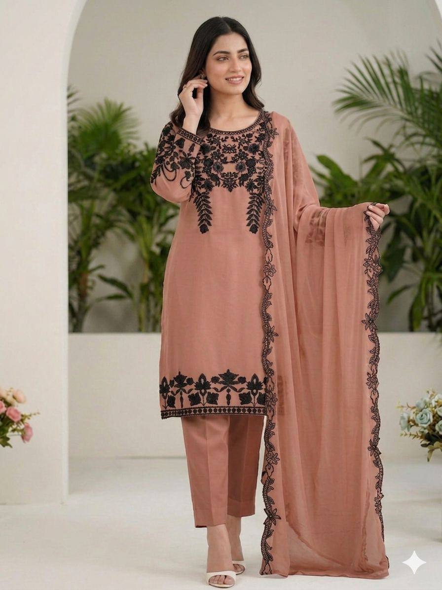 FOX GEORGETTE SEQUENCE EMBROIDERY WORKED TOP, PANT WITH DUPATTA ✨