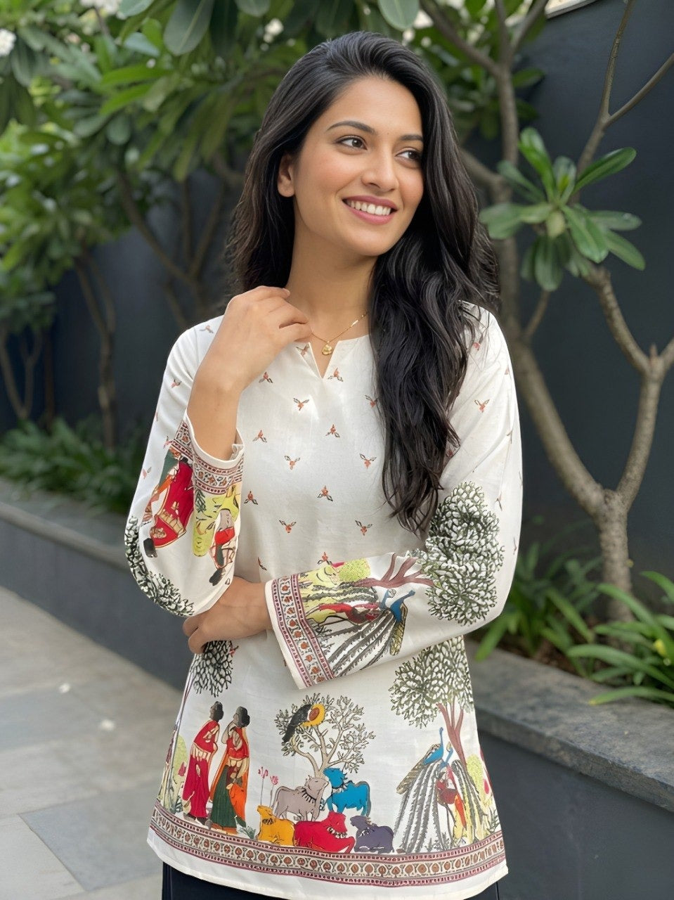 Women's Cream Cotton Kalamkari Print Tunic