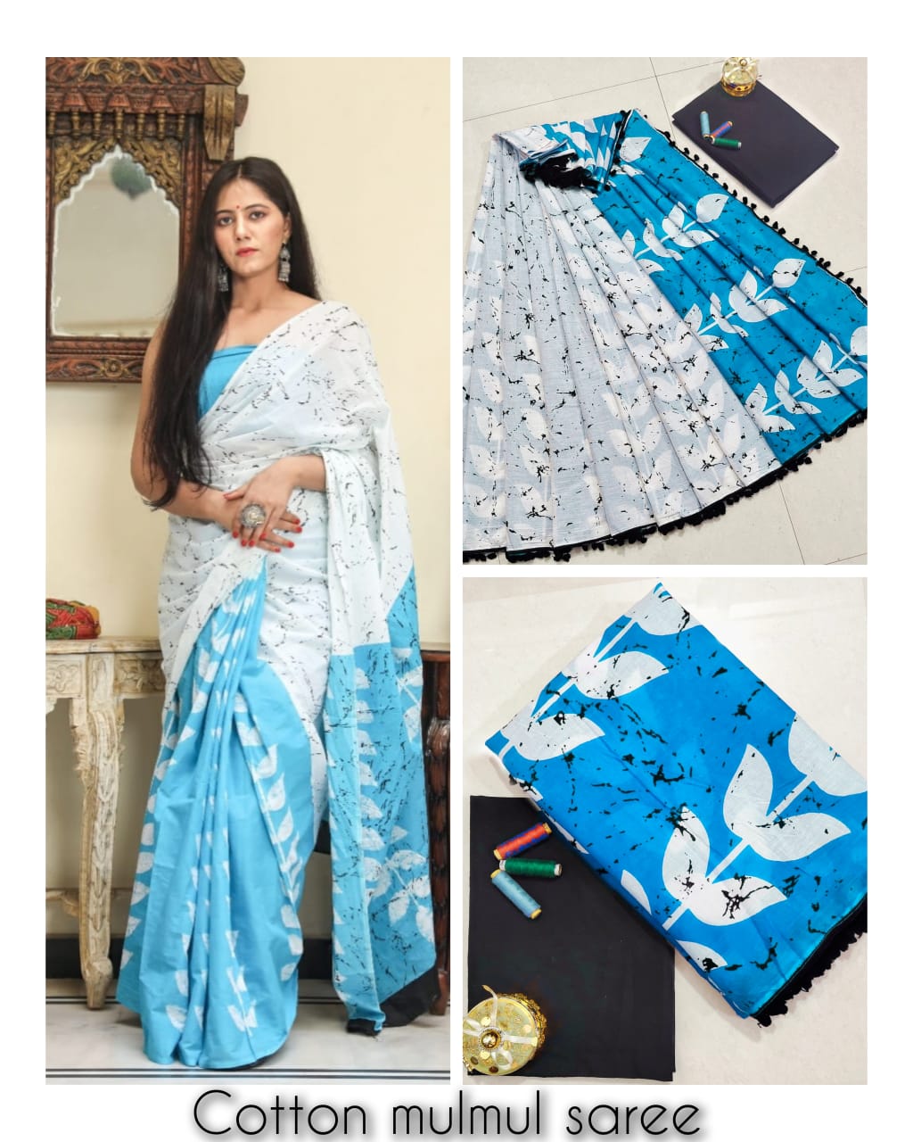 Bagru Block Print Cotton mulmul Sarees With Running Blouse