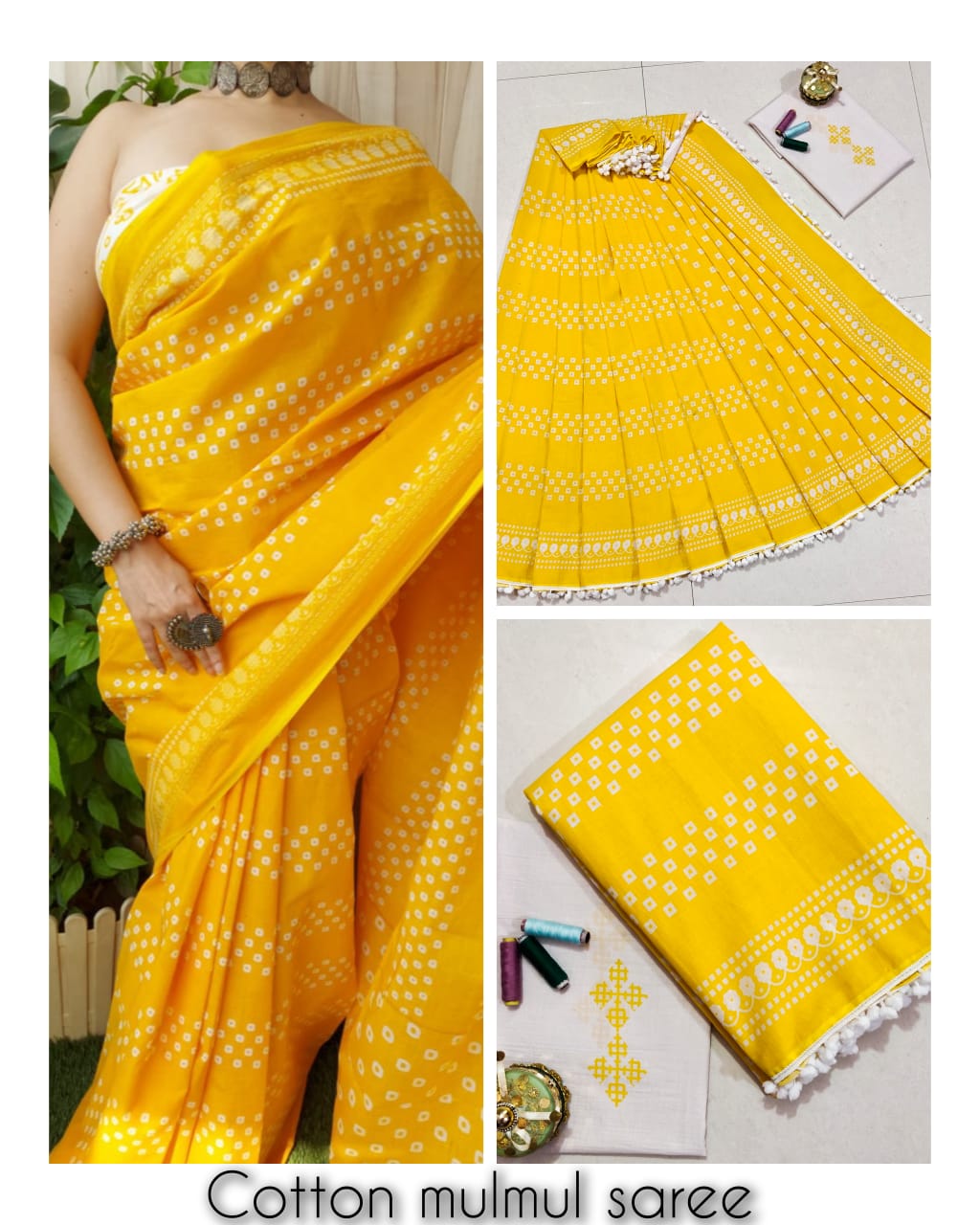 Bagru Block Print Cotton mulmul Sarees With Running Blouse