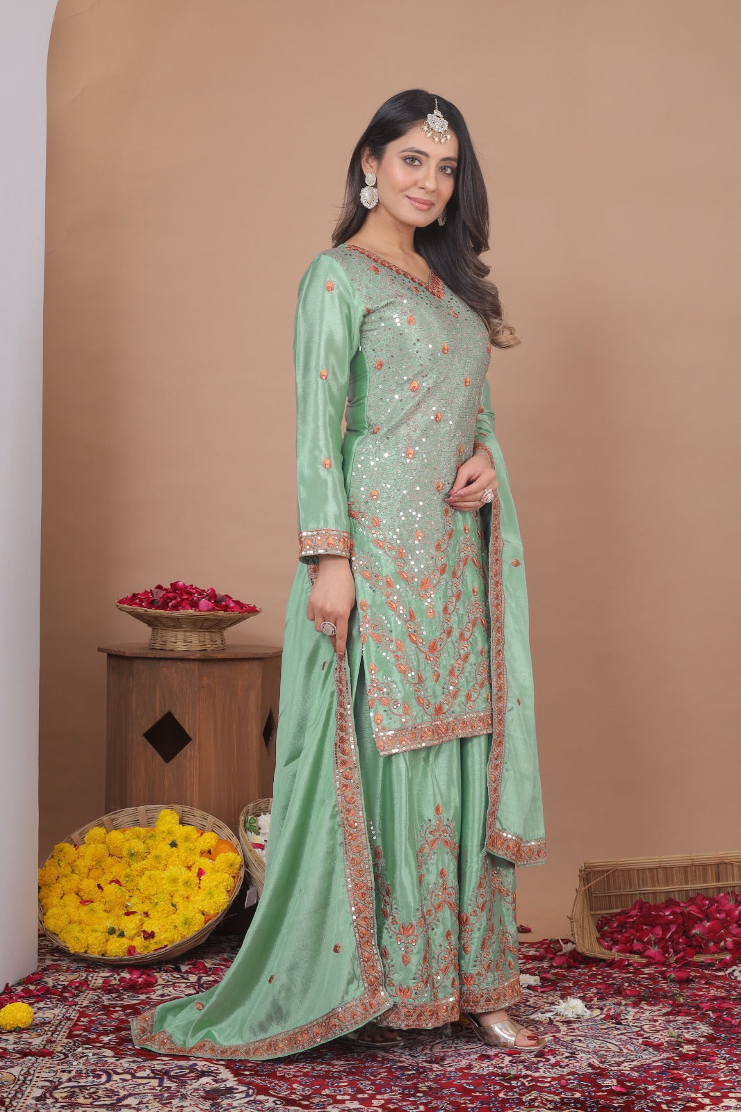 New Designer Embroidered Chinon Sharara Suit With Sequence Embroidered Work