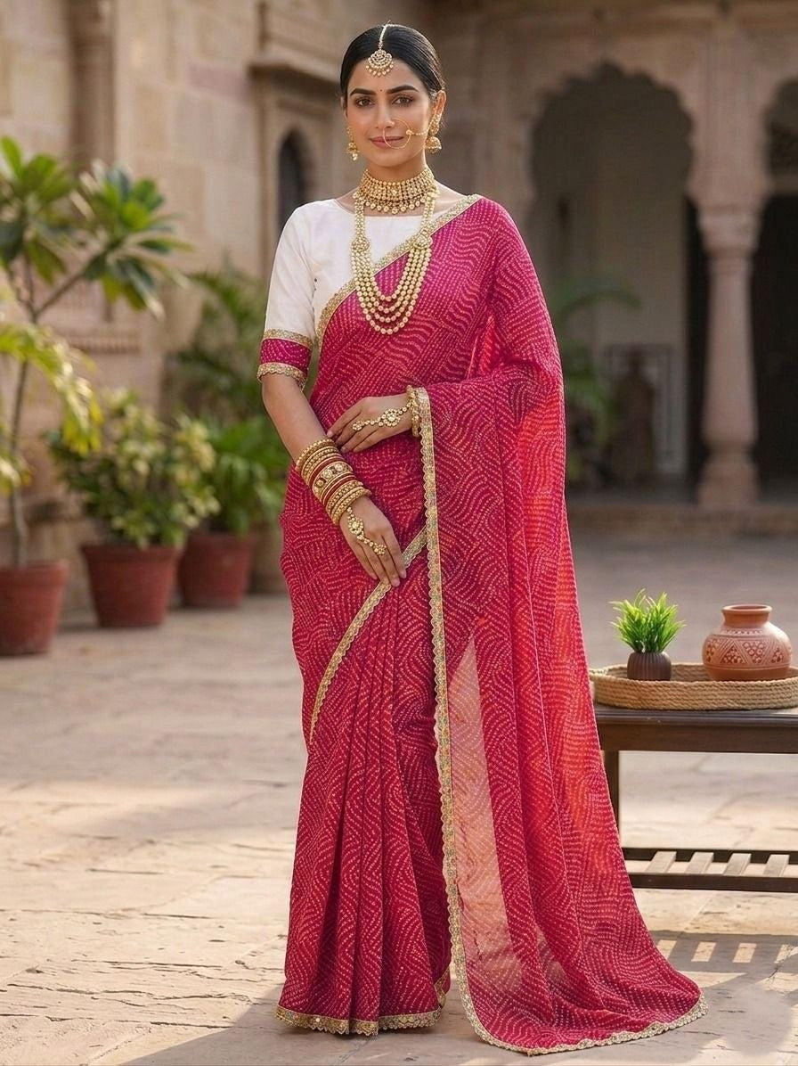 Beautiful soft Georgette Silk Bandhani Print With Valmoti Less Border Work  saree