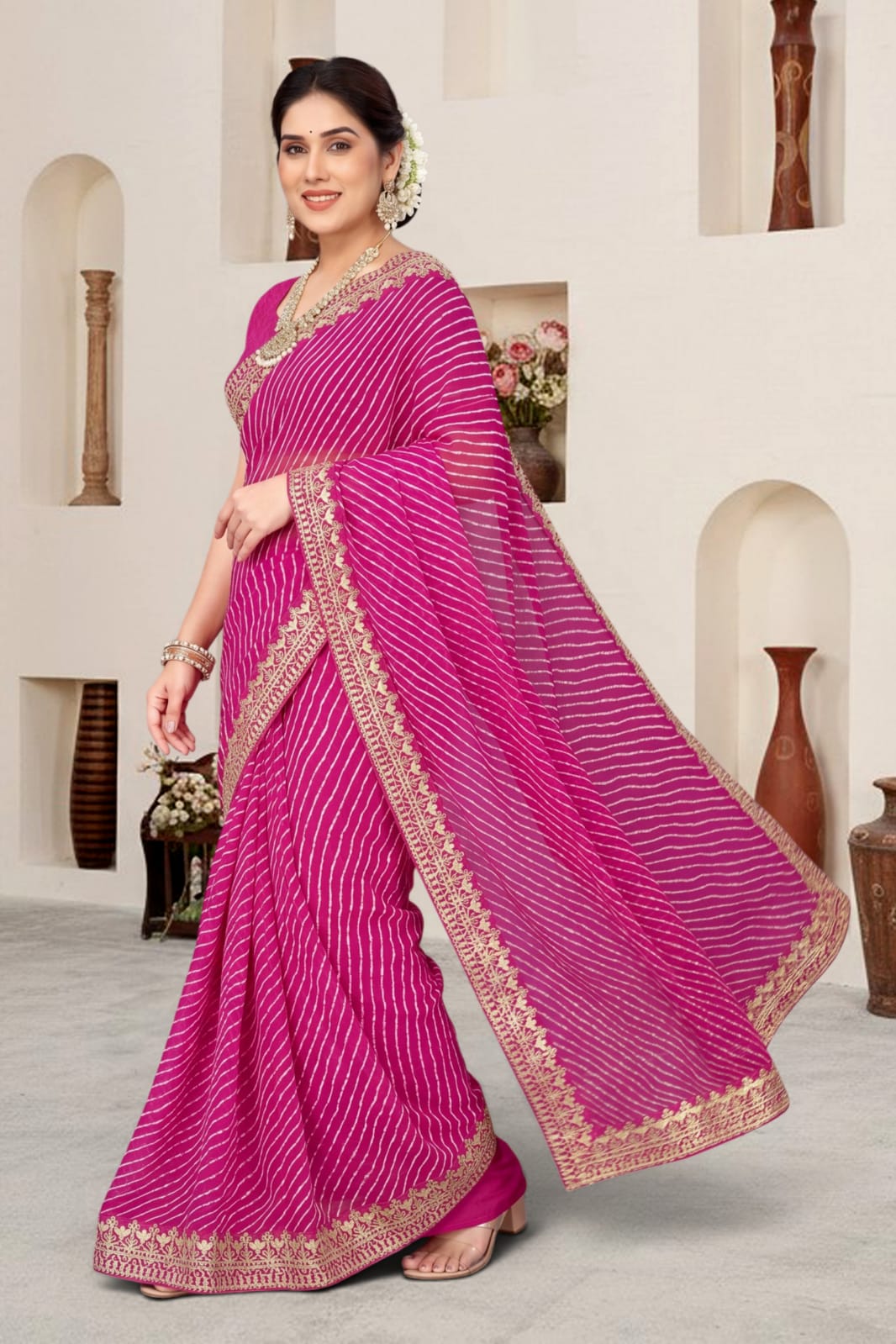SOFT STAR GEORGETTE LAHARIYA PRITNT HEAVY EMROIDERY LACE