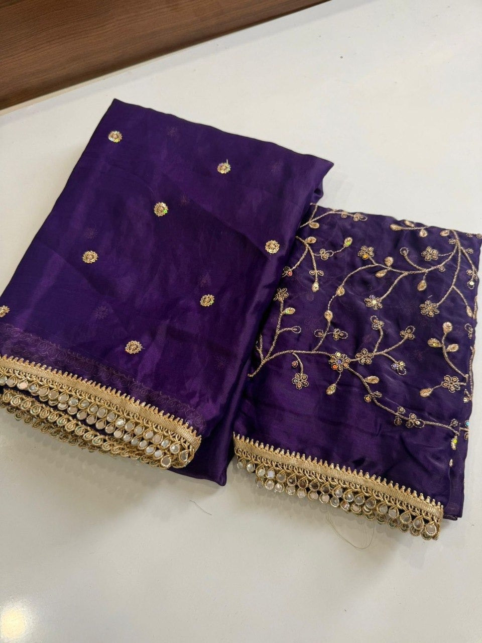 Fendy Sattin Sequence Full Worked Saree With Running Full Work Blouse &amp; Original Mirror Lace