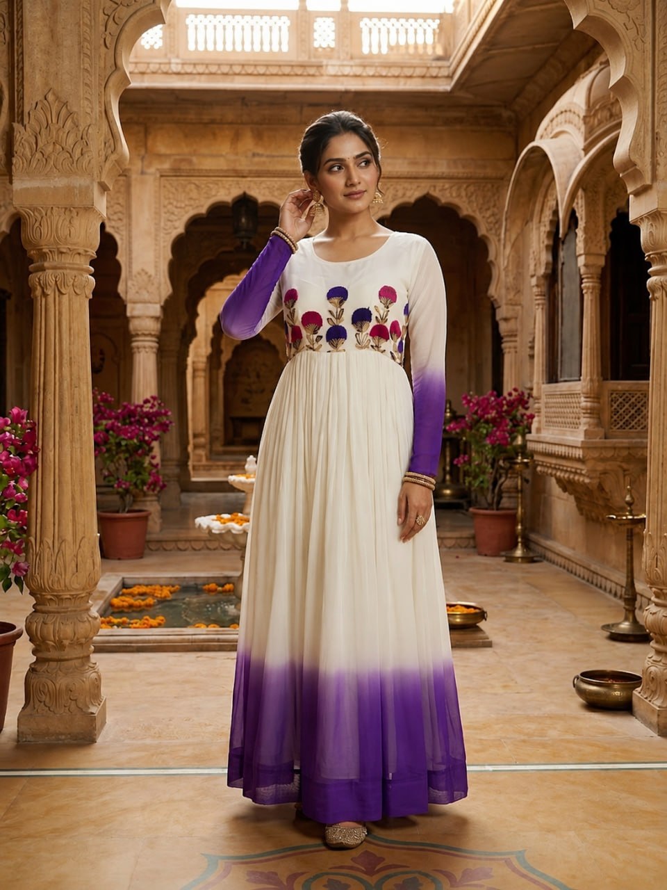 STAR GEORGETTE READYMADE GOWN  WITH EMBROIDERY WOOLEN THREAD WORK