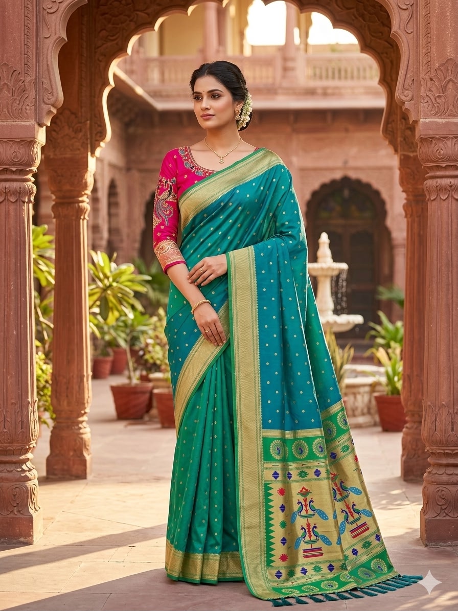 Aari Work Paithani silk saree with rich Meenakari Traditional design