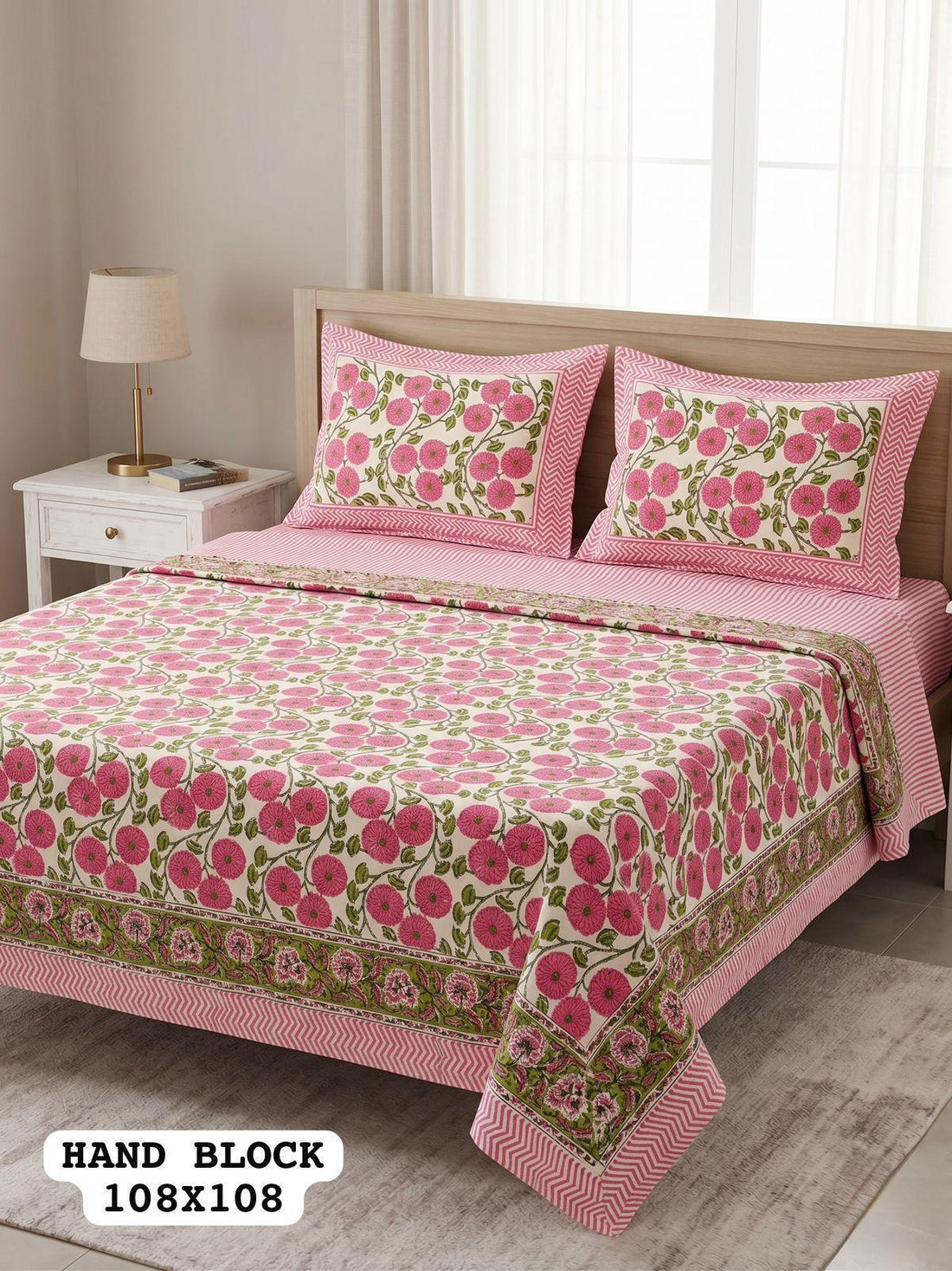 Pure Hand Block Super King Size Cotton Bedsheets with 2 Zipped Reversable Pillow Covers