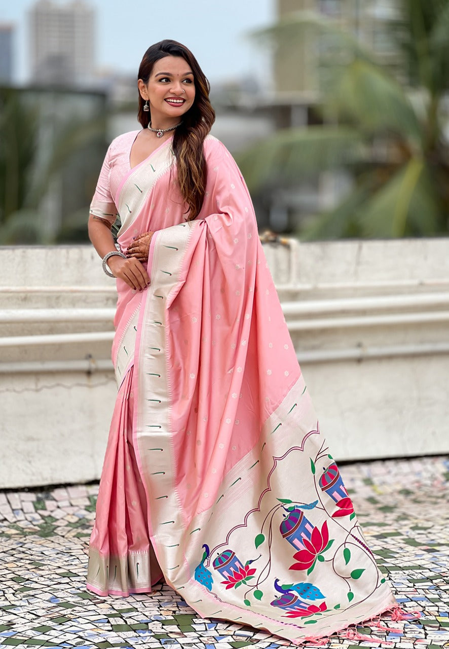 Paithani Saree with silver zari woven motifs
