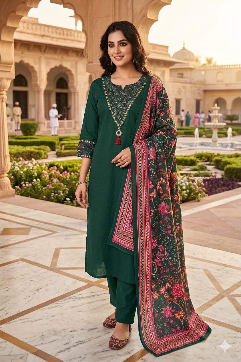 Premium cotton 3- ppiece suit set beautiful embroidery & mirror work