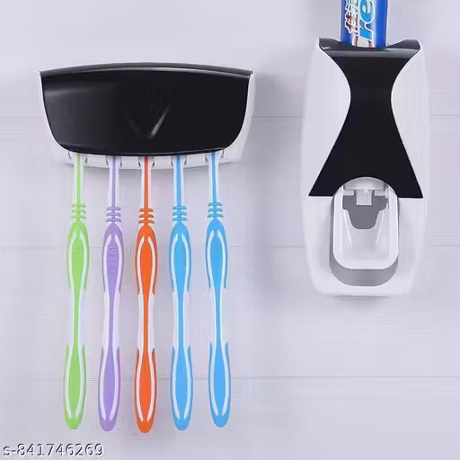 Toothpaste Squeezing Device Automatic Toothpaste Dispenser with Wall Mount Toothbrush Holder Toothpaste Squeezer with 5 Set Toothbrush Holders, Assorted